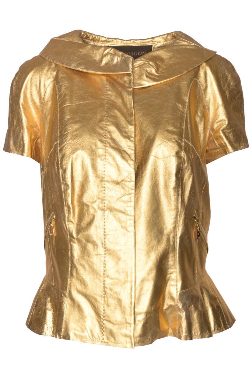 Louis Vuitton Size 42 Metallic Leather Short Sleeve Peplum Jacket