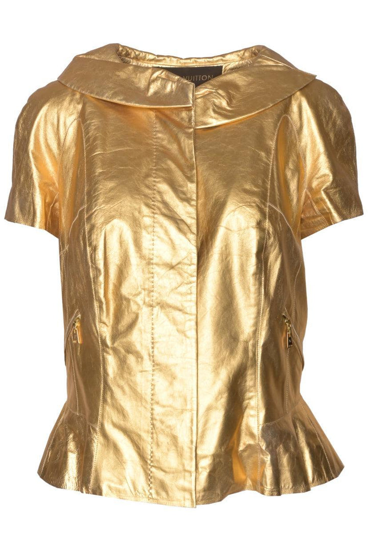 Louis Vuitton Size 42 Metallic Leather Short Sleeve Peplum Jacket