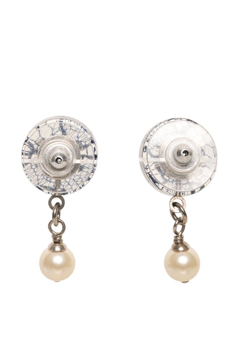 Chanel 2013 Lace & Crystal CC Round Resin Faux Pearl Bead Drop Earrings