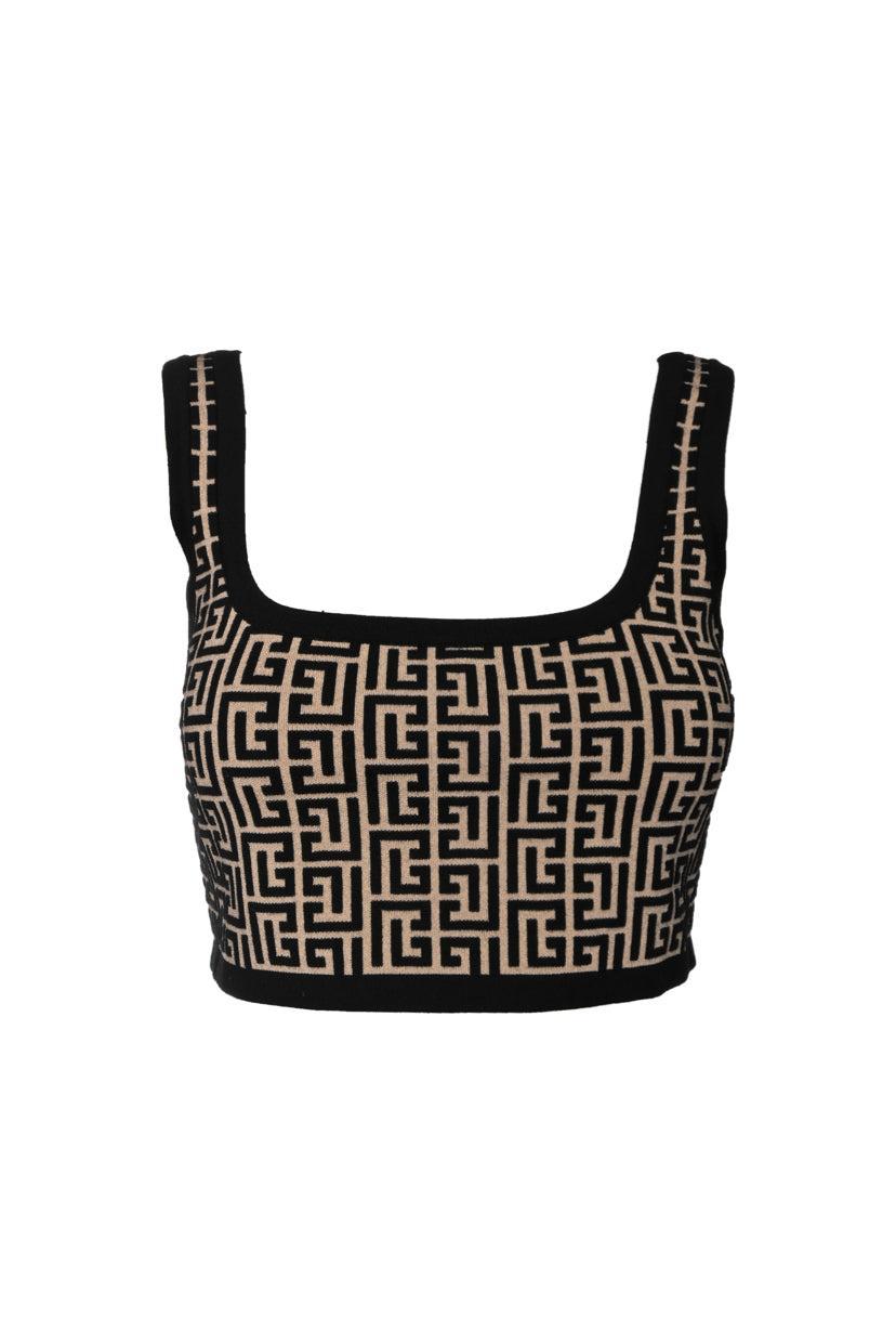 Balmain Size 42 Cropped Monogram Knit Tank Top