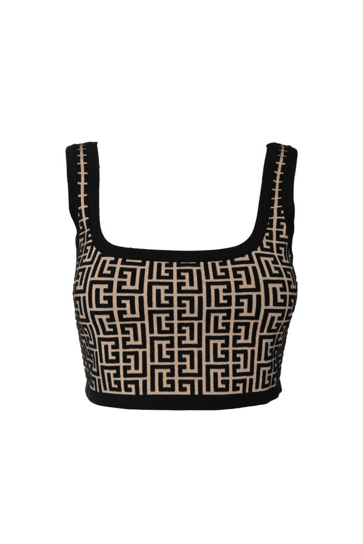 Balmain Size 42 Cropped Monogram Knit Tank Top