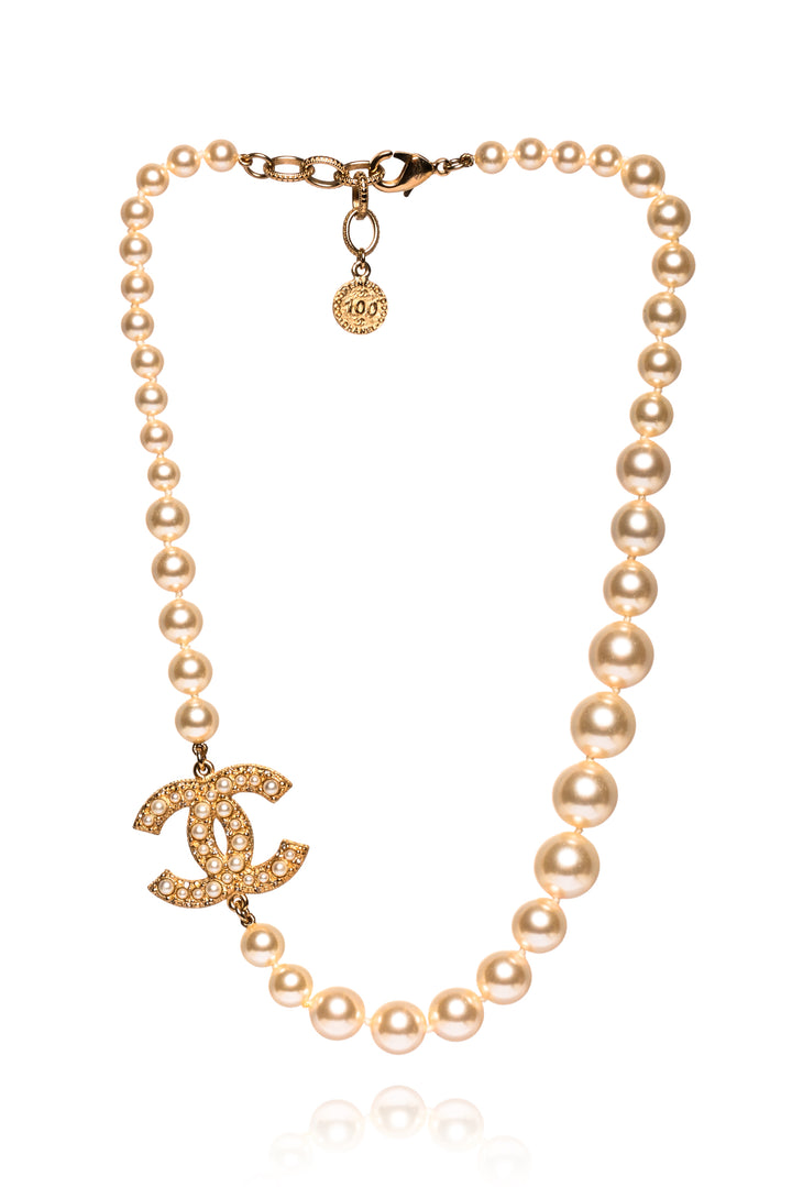 Chanel 2022 Faux Pearl & Strass 100th Anniversary CC Necklace