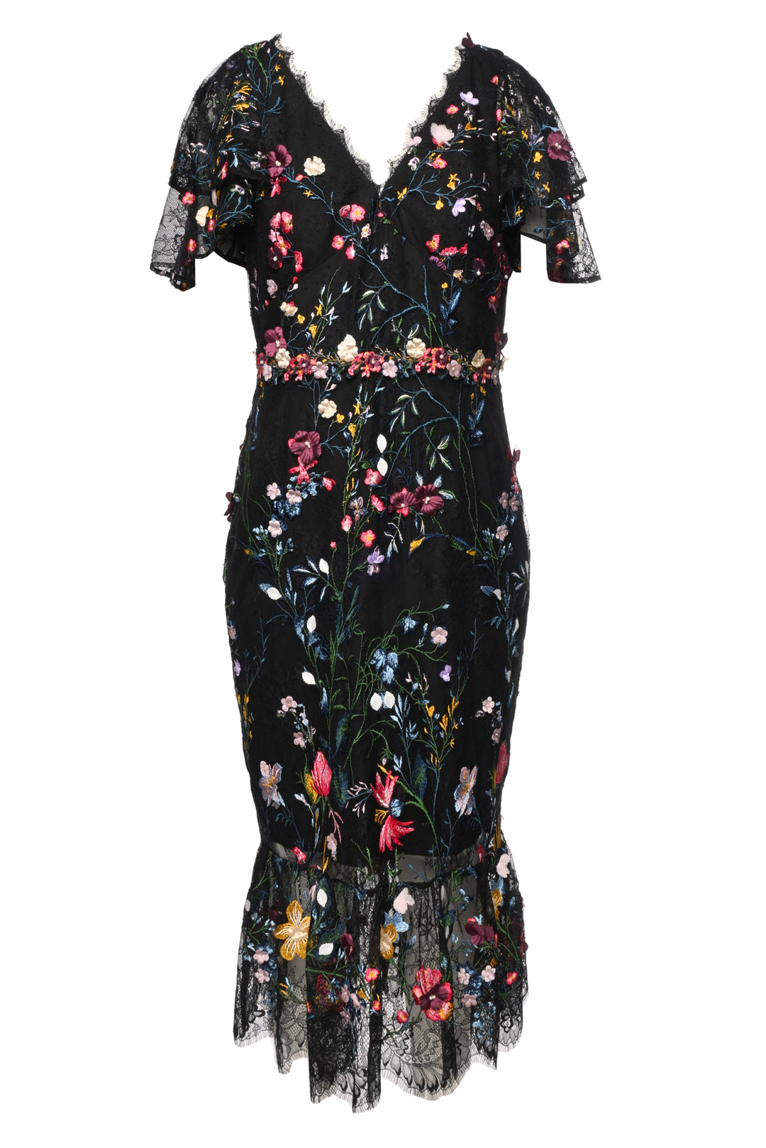 Marchesa Notte Size 10 Floral Embroidered Lace Midi Dress
