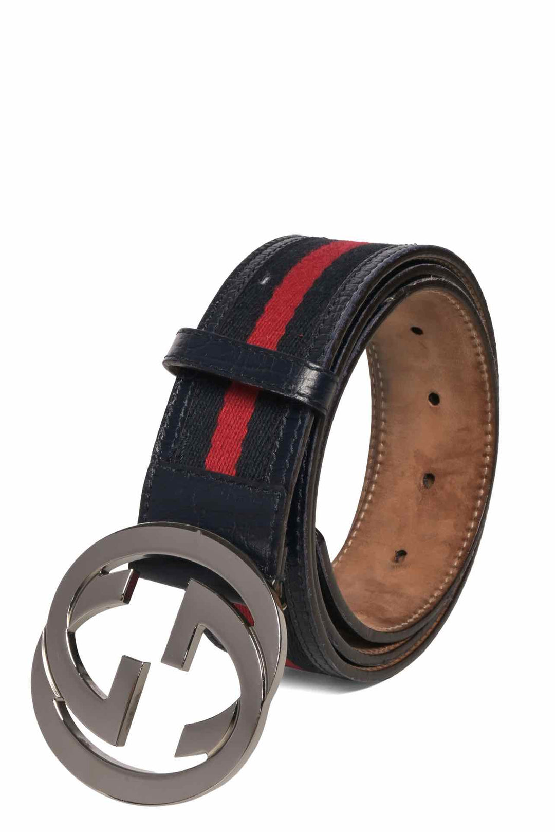 Gucci Size 36 Web Stripe Canvas & Leather Interlocking G Buckle Men's Belt
