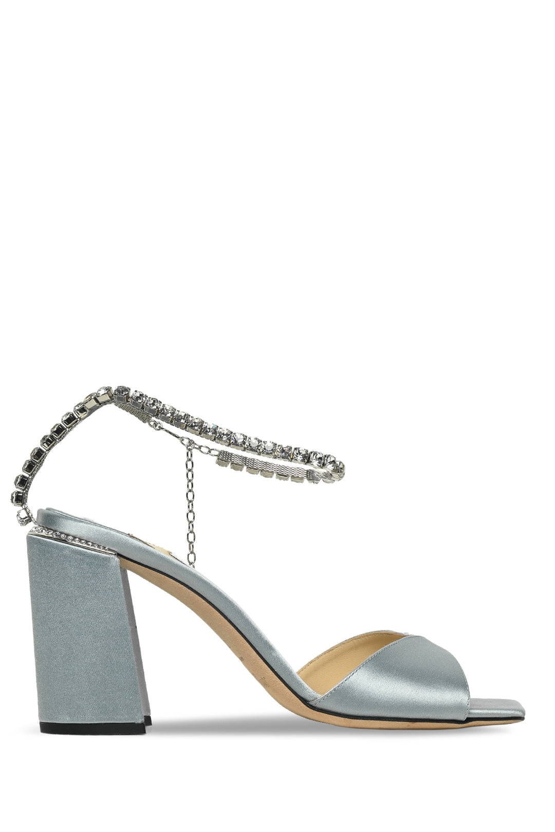 Jimmy Choo Size 37 Satin & Crystal Chain Saeda 85 Block Heel Sandals