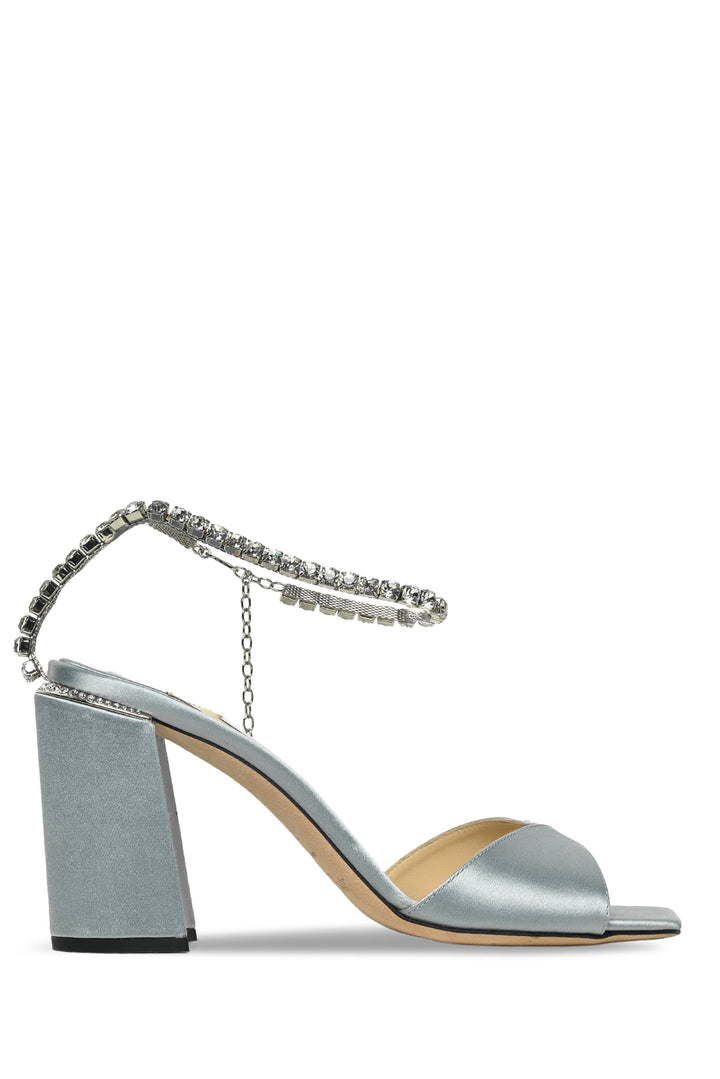Jimmy Choo Size 37 Satin & Crystal Chain Saeda 85 Block Heel Sandals
