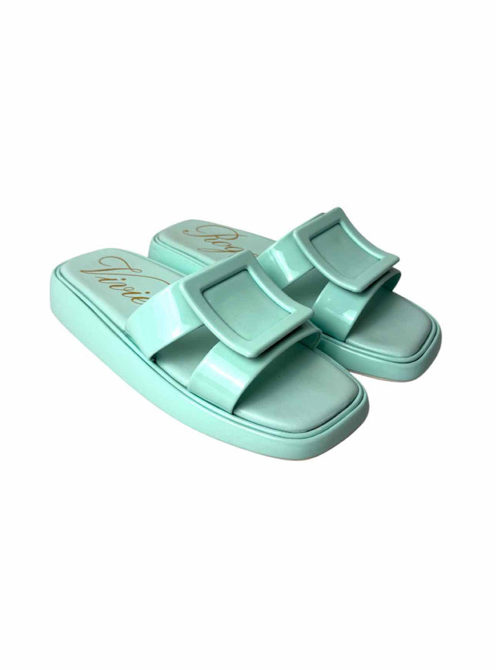 Roger Vivier Size 37 Buckle-Embellished Patent Leather Slide Mule Sandals