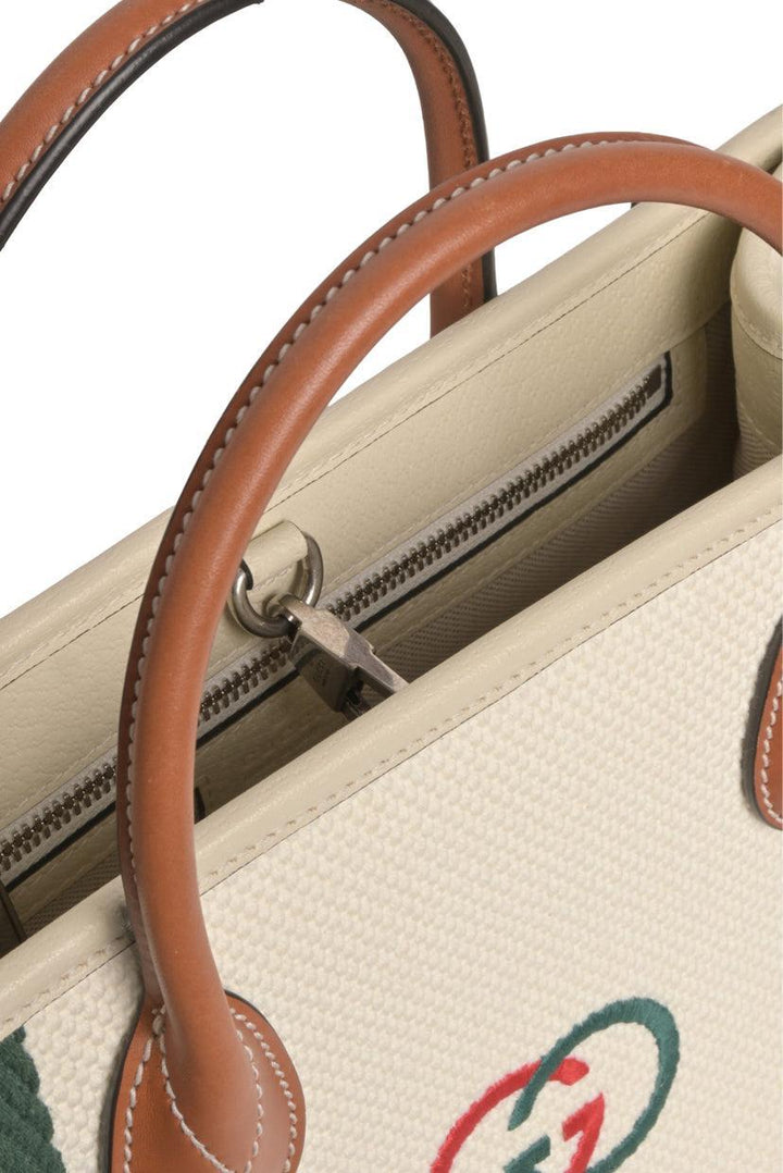 Gucci Interlocking G Embroidered Web Trim 2way Canvas Tote