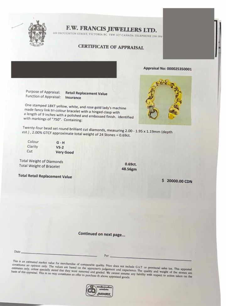 18K White, Yellow and Rose  Gold Bracelet With Diamonds