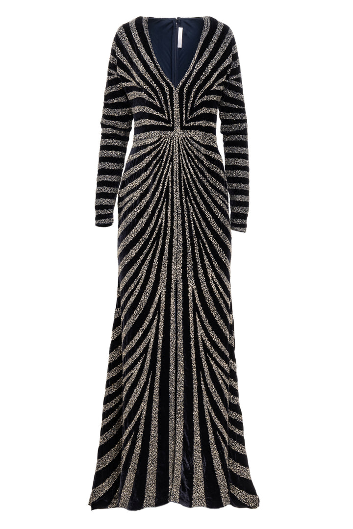 Naeem Khan Size 4 Navy & Silver Linear Beaded Velvet Dress