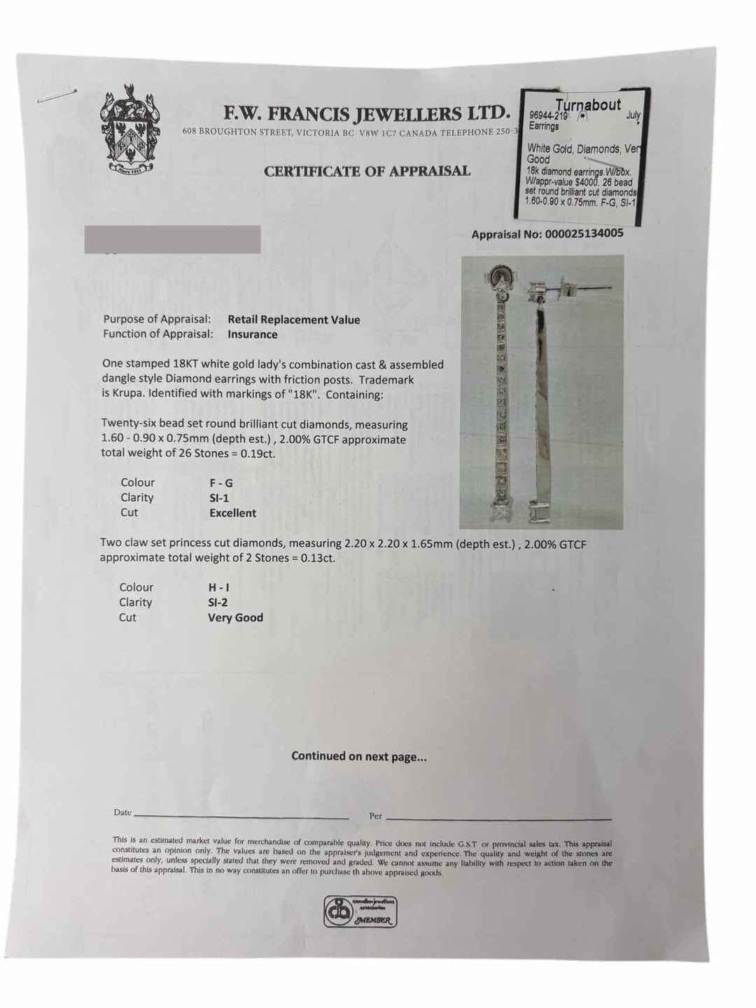 18K White Gold & Diamond Bar Drop Earrings