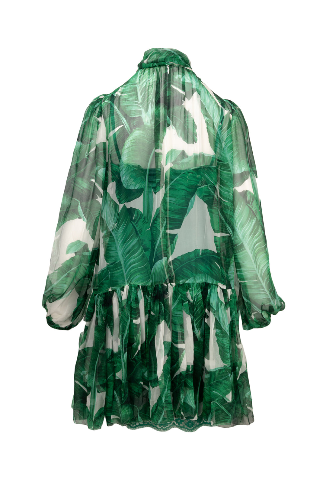 Dolce & Gabbana Size 38 Banana Leaf Print Tie-Neck Silk Dress