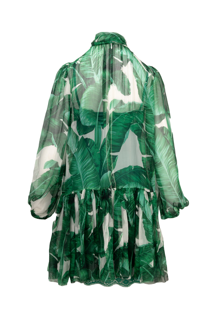 Dolce & Gabbana Size 38 Banana Leaf Print Tie-Neck Silk Dress