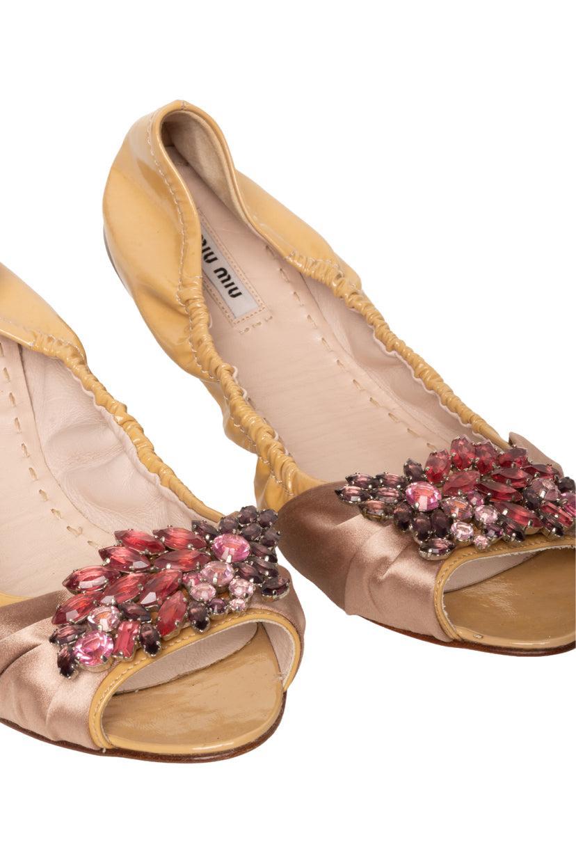 Miu Miu Size 41 Peep Toe Crystal Embellished Ballet Flats Luxury