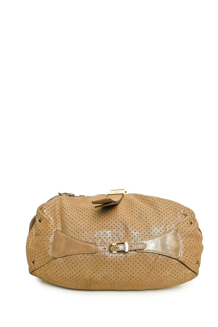 Jimmy Choo Bardia Perforated Metallic Suede Buckle Strap Hobo Shoulder Bag