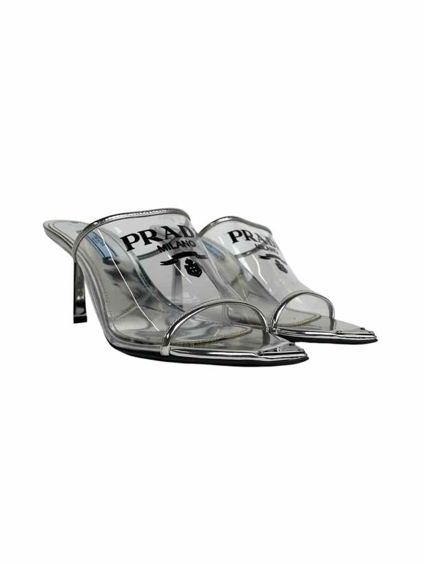 Prada Size 37 Silver Leather Logo Print PVC Slides