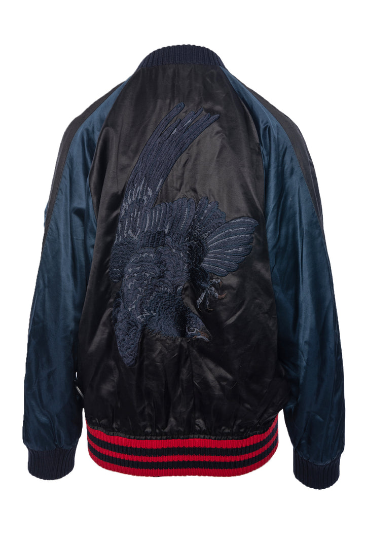 Gucci Size 52 Men's 2015 Web Accent Embroidered Satin Bomber Jacket