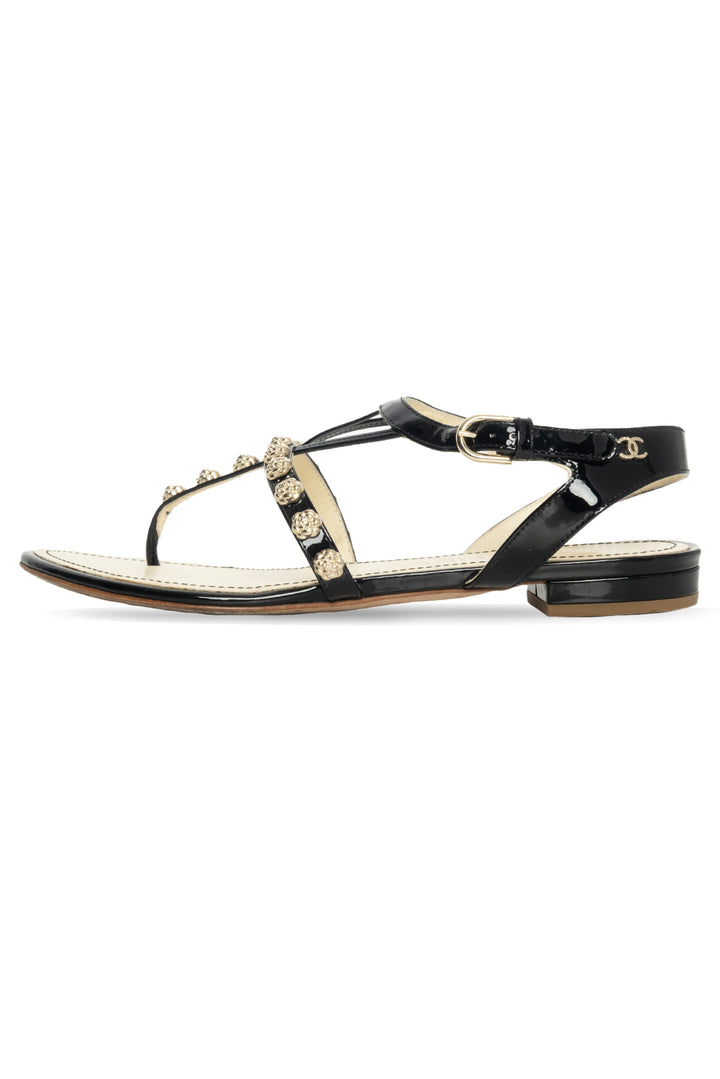 Chanel Size 35.5 Camellia Patent Leather Gladiator Sandals