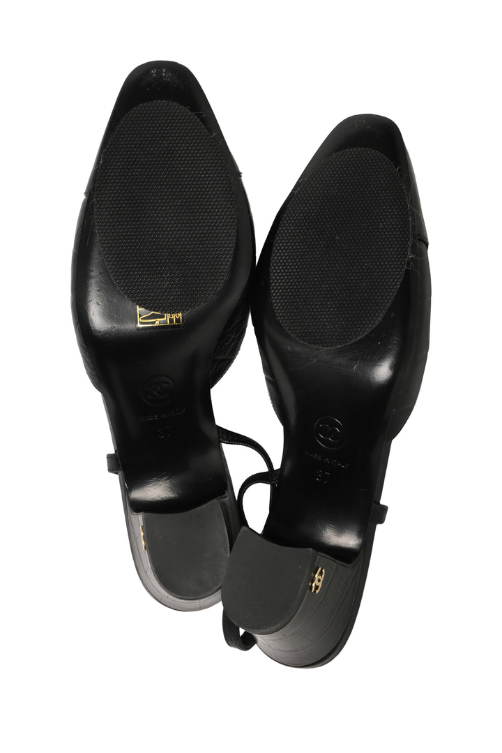 Chanel Size 37 Croc Embossed Patent Cap Toe CC Slingback  Pumps