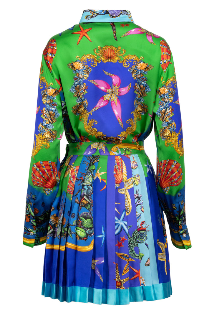 Versace Size XL Silk Ocean Print Blouse & Pleated Mini Skirt Set