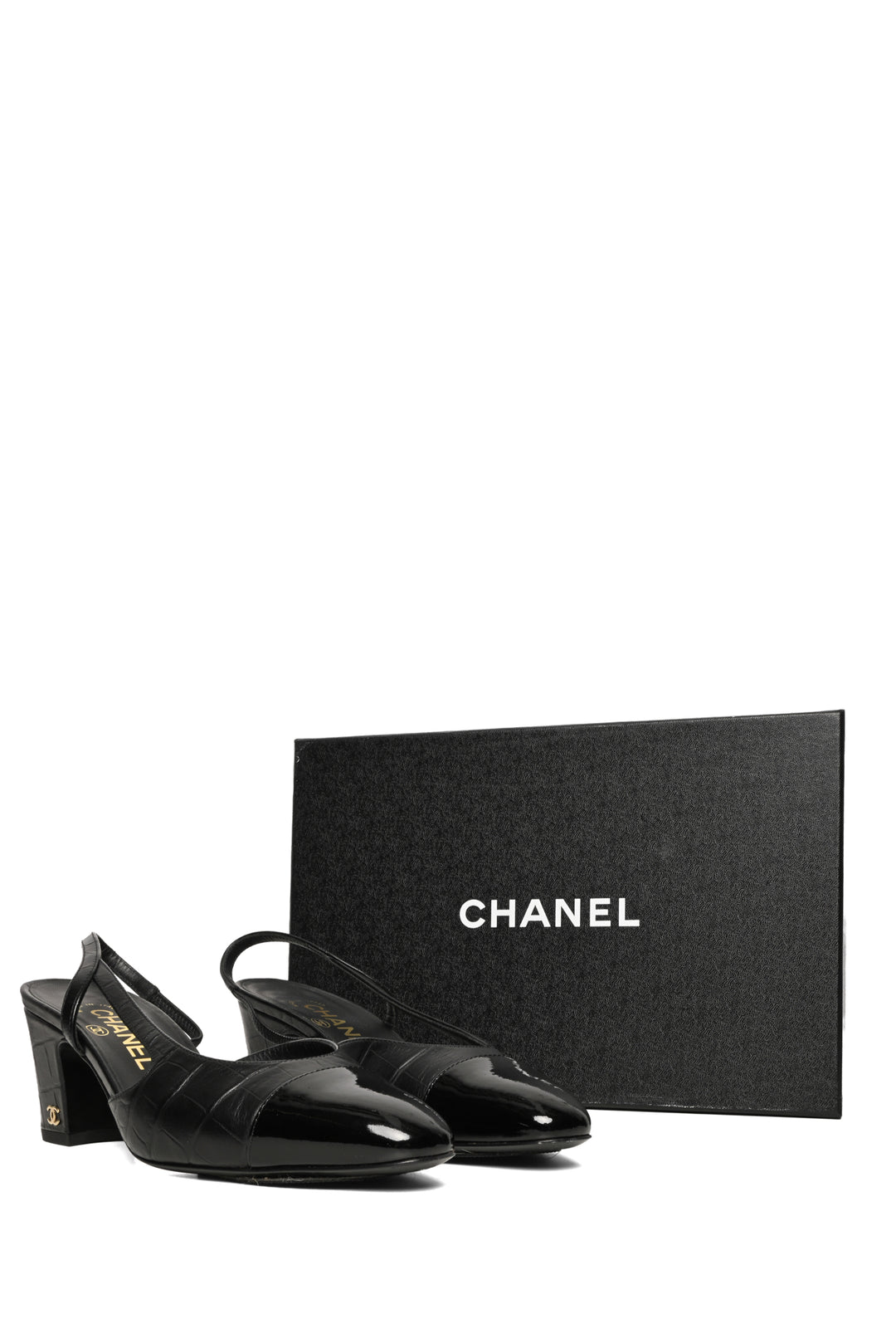 Chanel Size 37 Croc Embossed Patent Cap Toe CC Slingback  Pumps