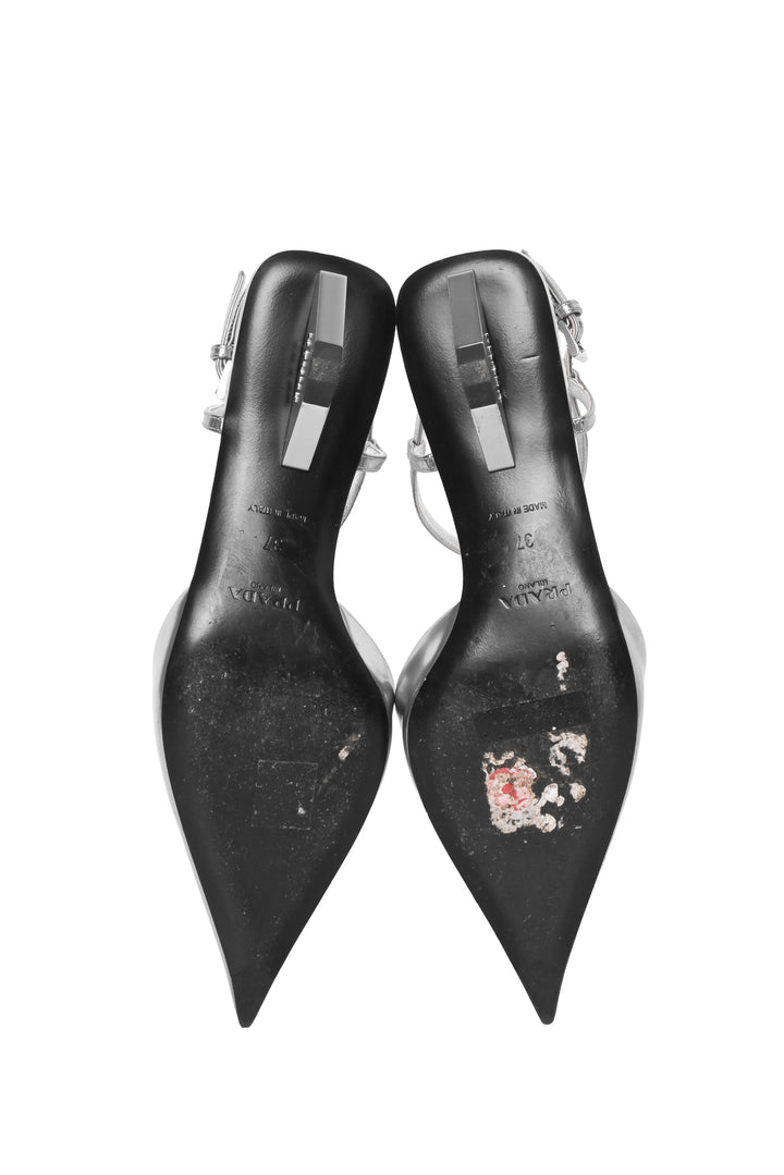Prada Size 37 Metallic Leather T-Strap Slingback Kitten Heel Pointed Toe Pumps