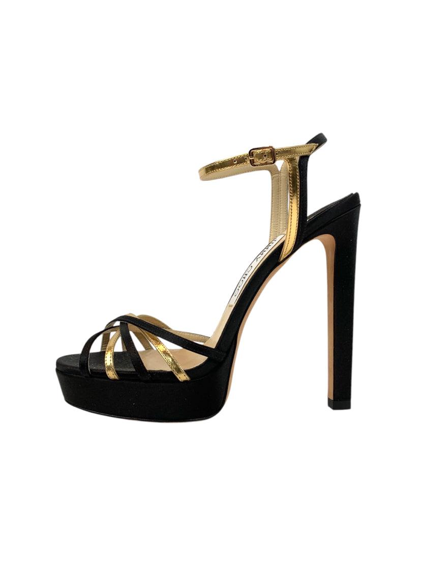 Jimmy Choo Size 37.5 Lilah Satin and Metallic leather Sandals