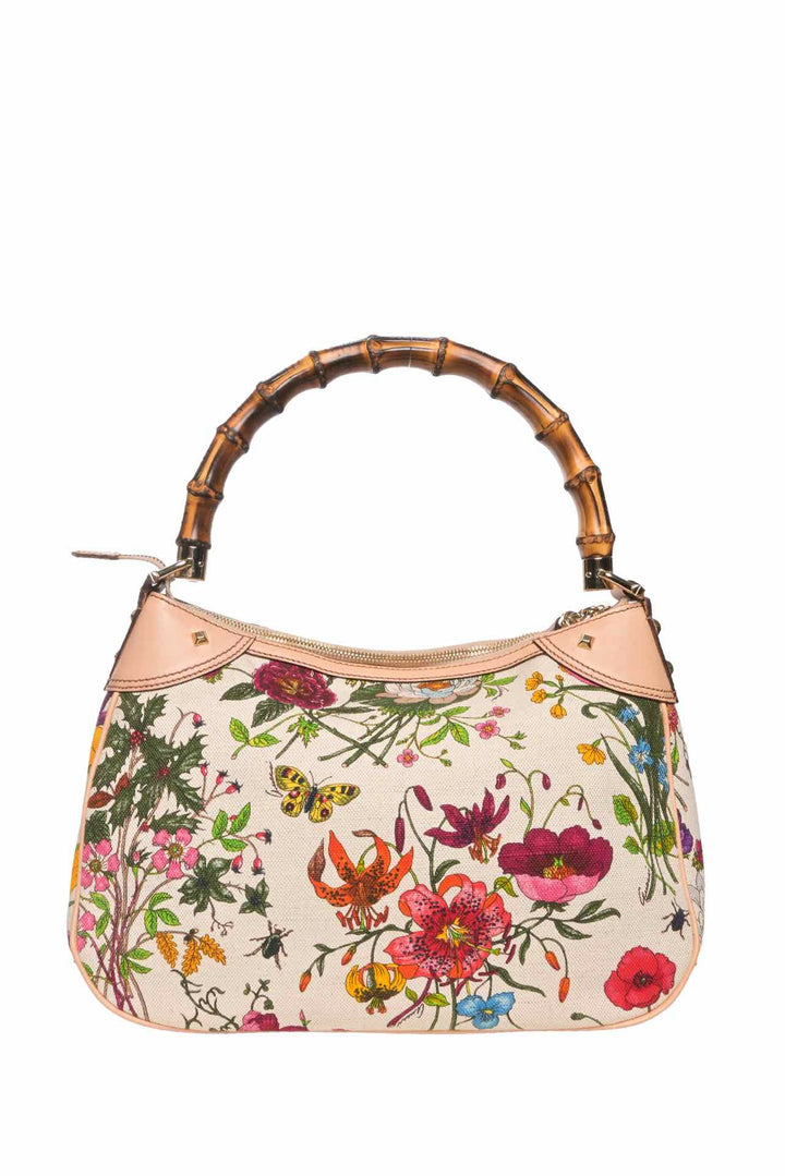 Gucci Flora Canvas Nailhead Bamboo Handle Bag