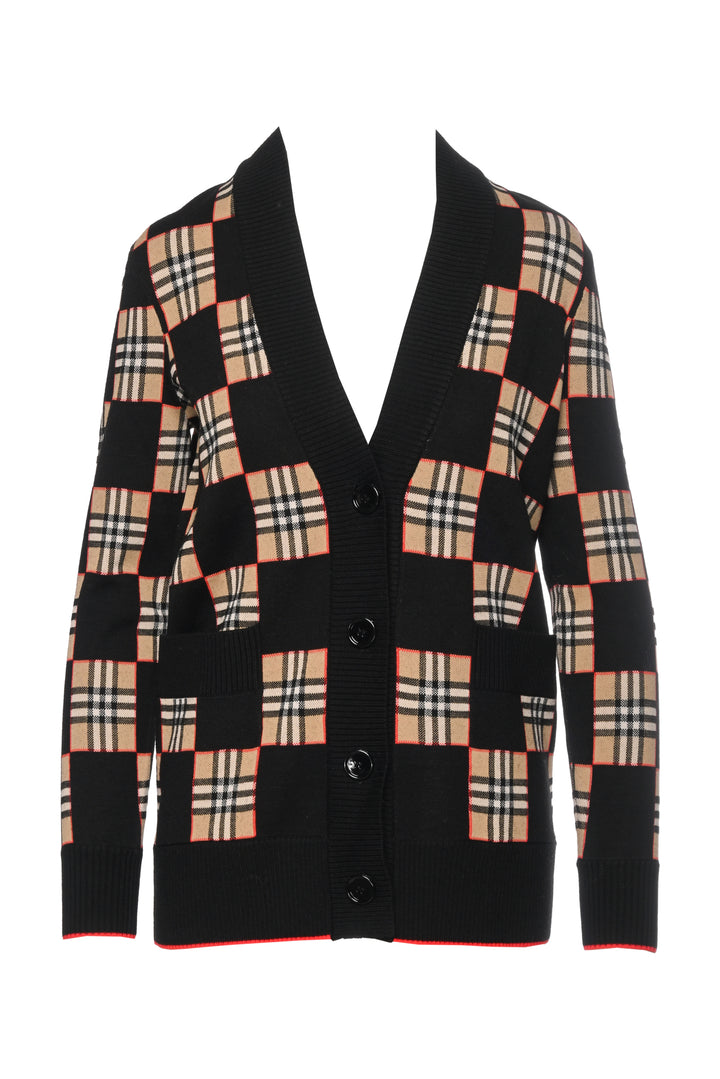 Burberry Size XXS Checked Intarsia Merino Wool-Blend Cardigan