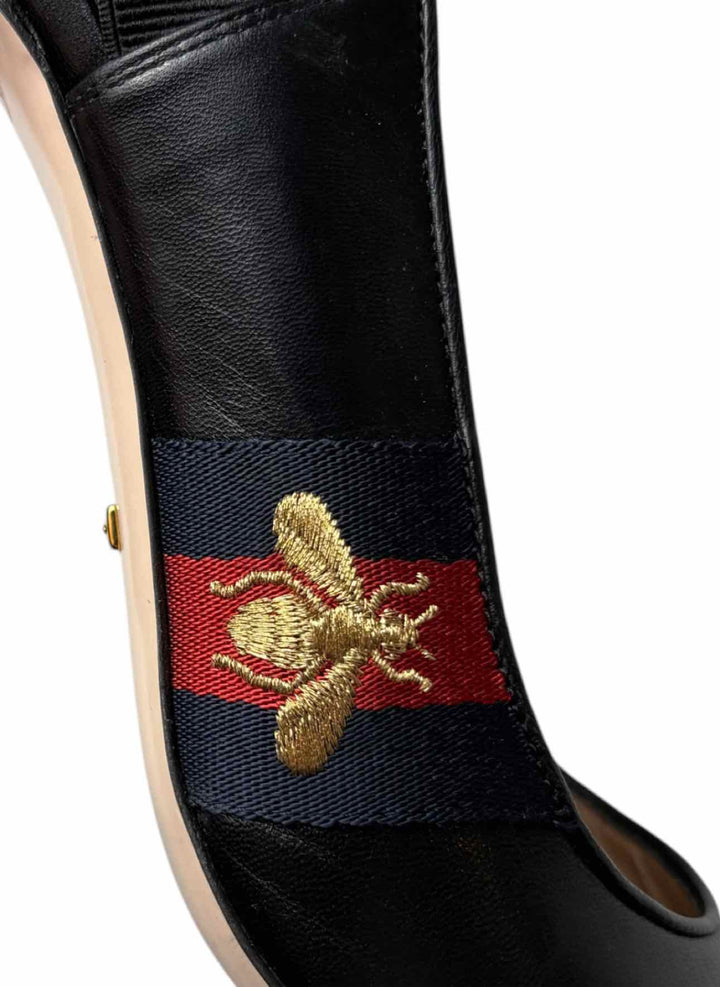 Gucci Size 38 Sylvie Web Embroidered Bee Leather Slingback Pumps