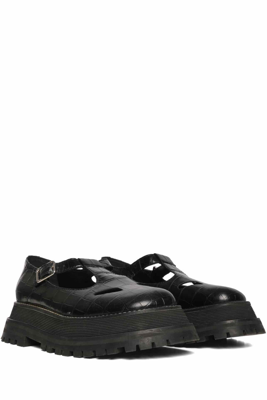 Burberry Size 37 Aldwych Croc Embossed Mary Jane Platform Leather Oxford Flats