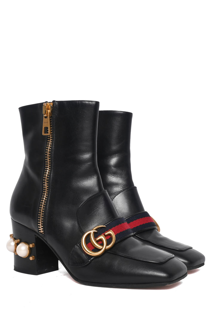 Gucci Size 37 Faux Pearl Accent GG Web Ankle Boots