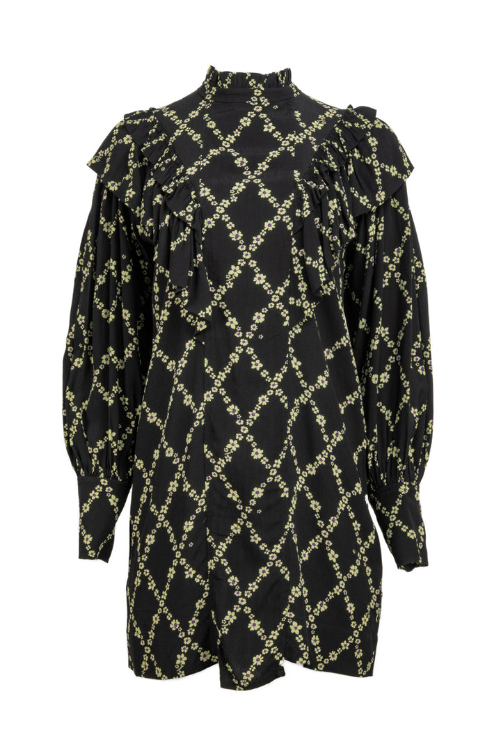 Ganni Size 36 Floral Print High Neck Crepe Mini Dress