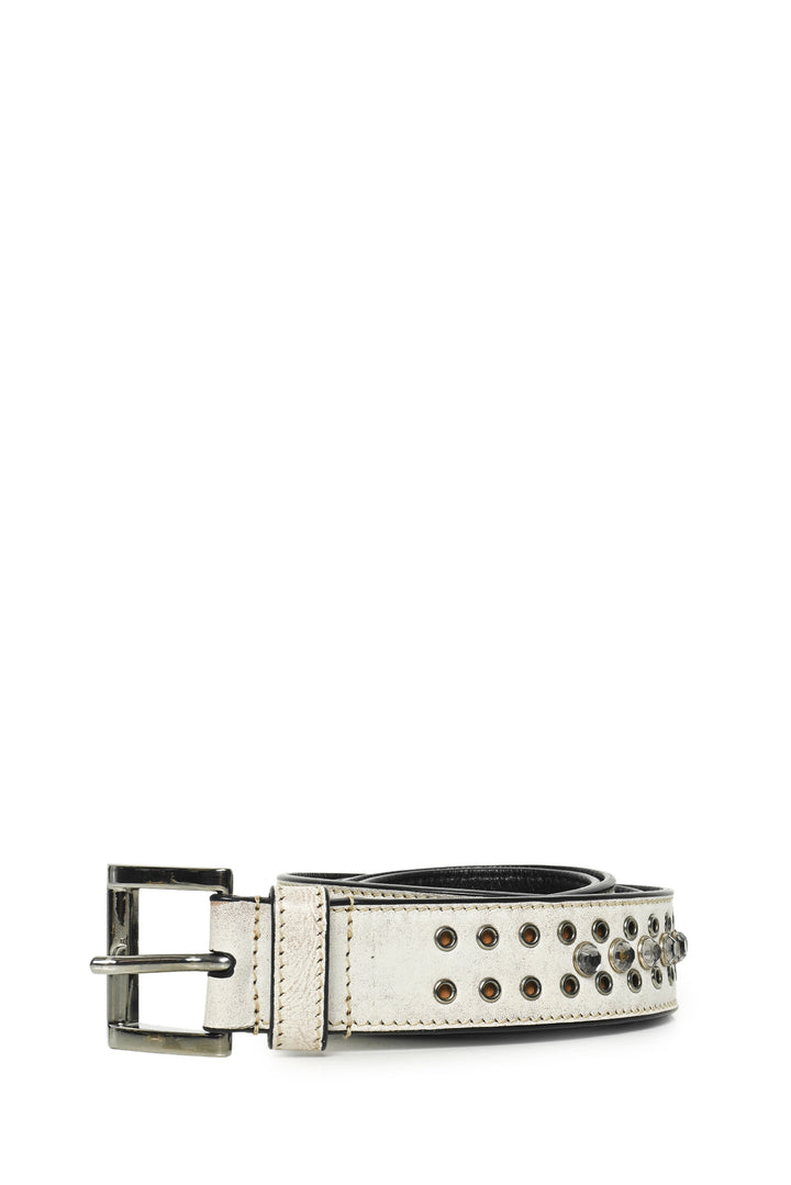 Prada Size 36 Grommet & Crystal Accent Aged Leather Belt