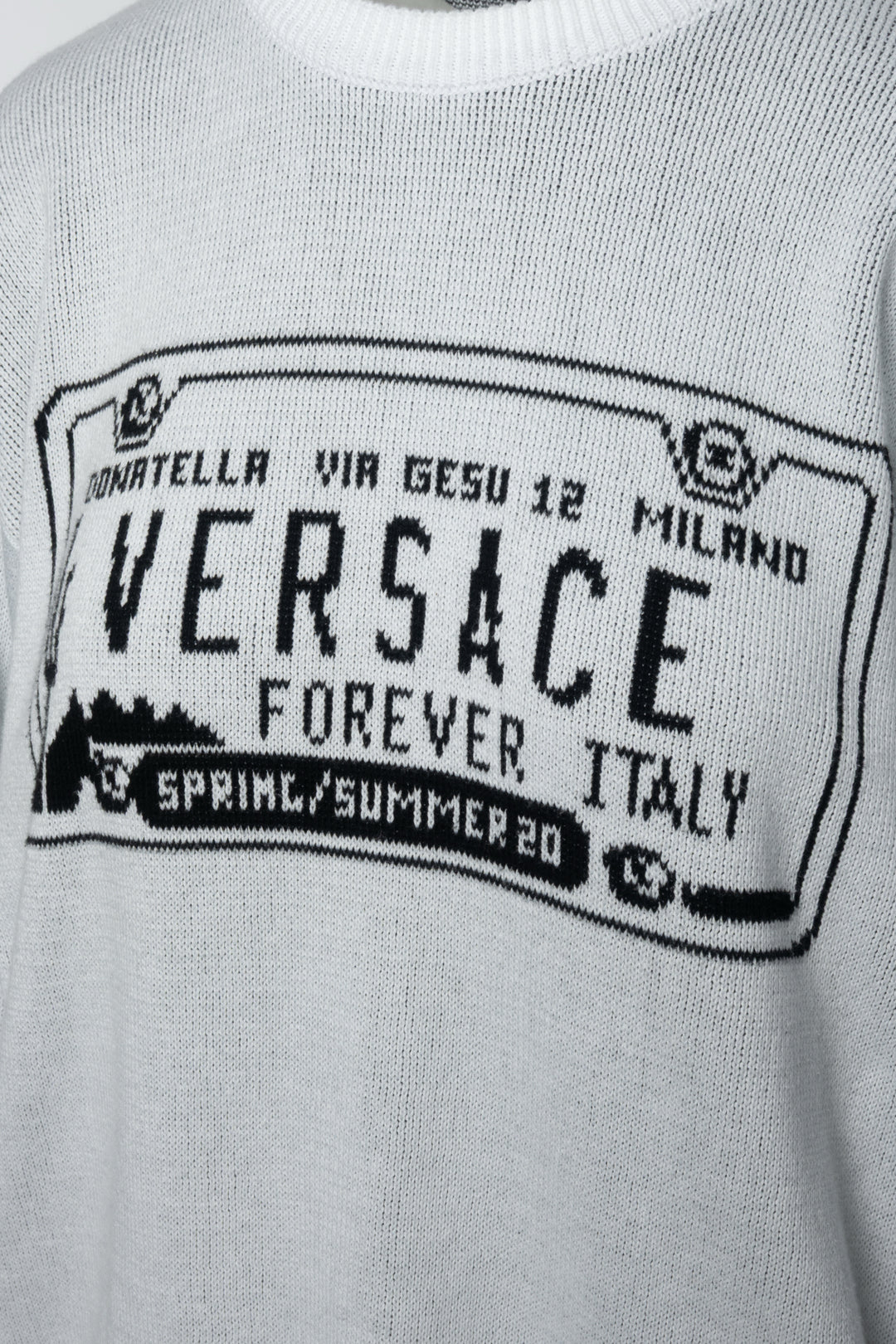 Versace Size 48 Men's Spring/Summer 2020 License Plate Intarsia Knit Sweater