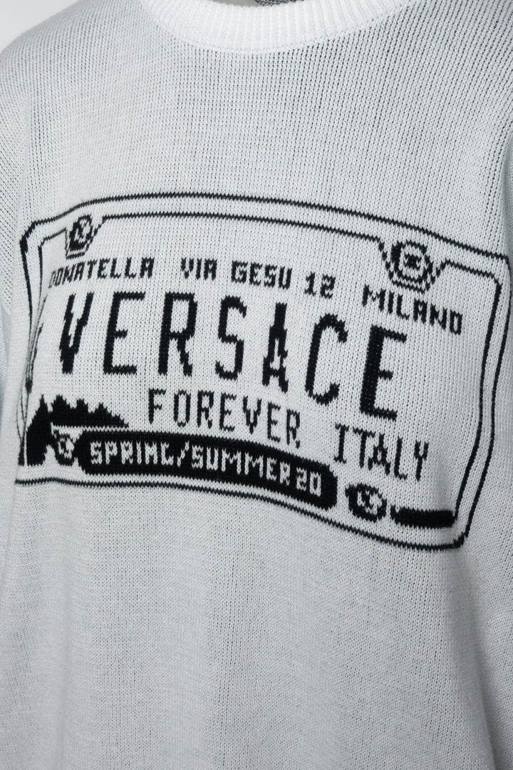 Versace Size 48 Men's Spring/Summer 2020 License Plate Intarsia Knit Sweater