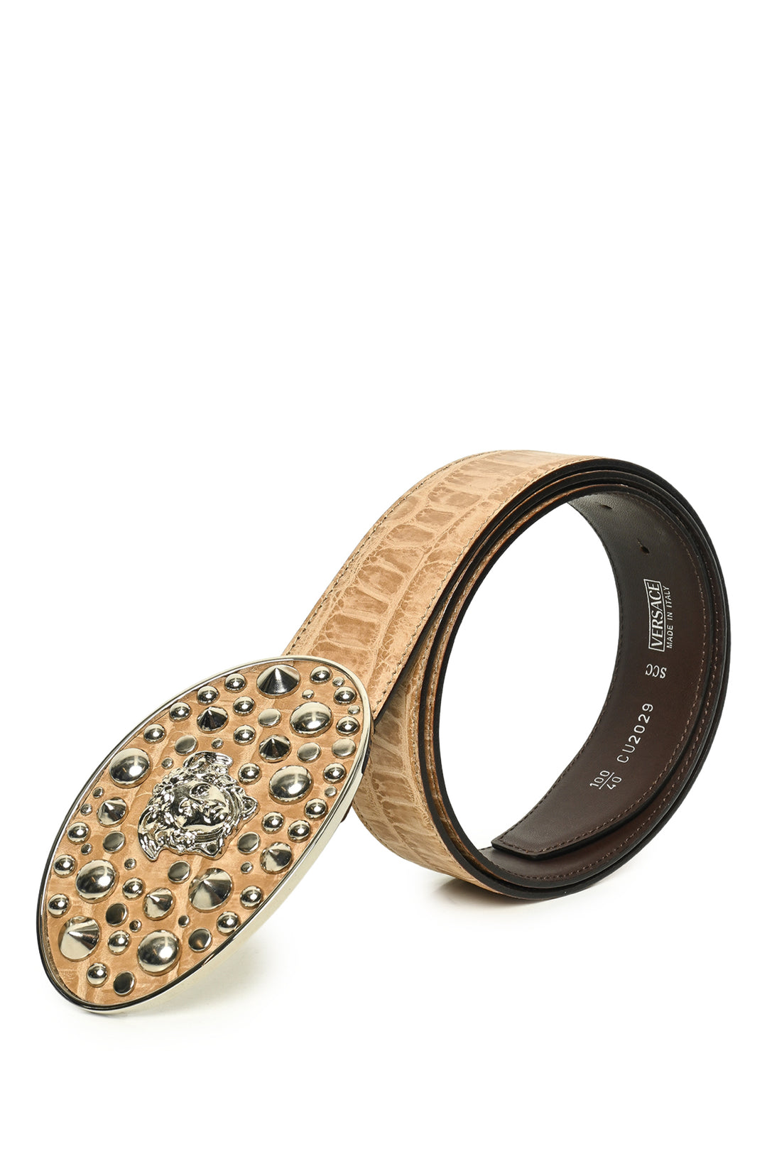 Versace Size 40 Studded Medusa Buckle Embossed Leather Belt