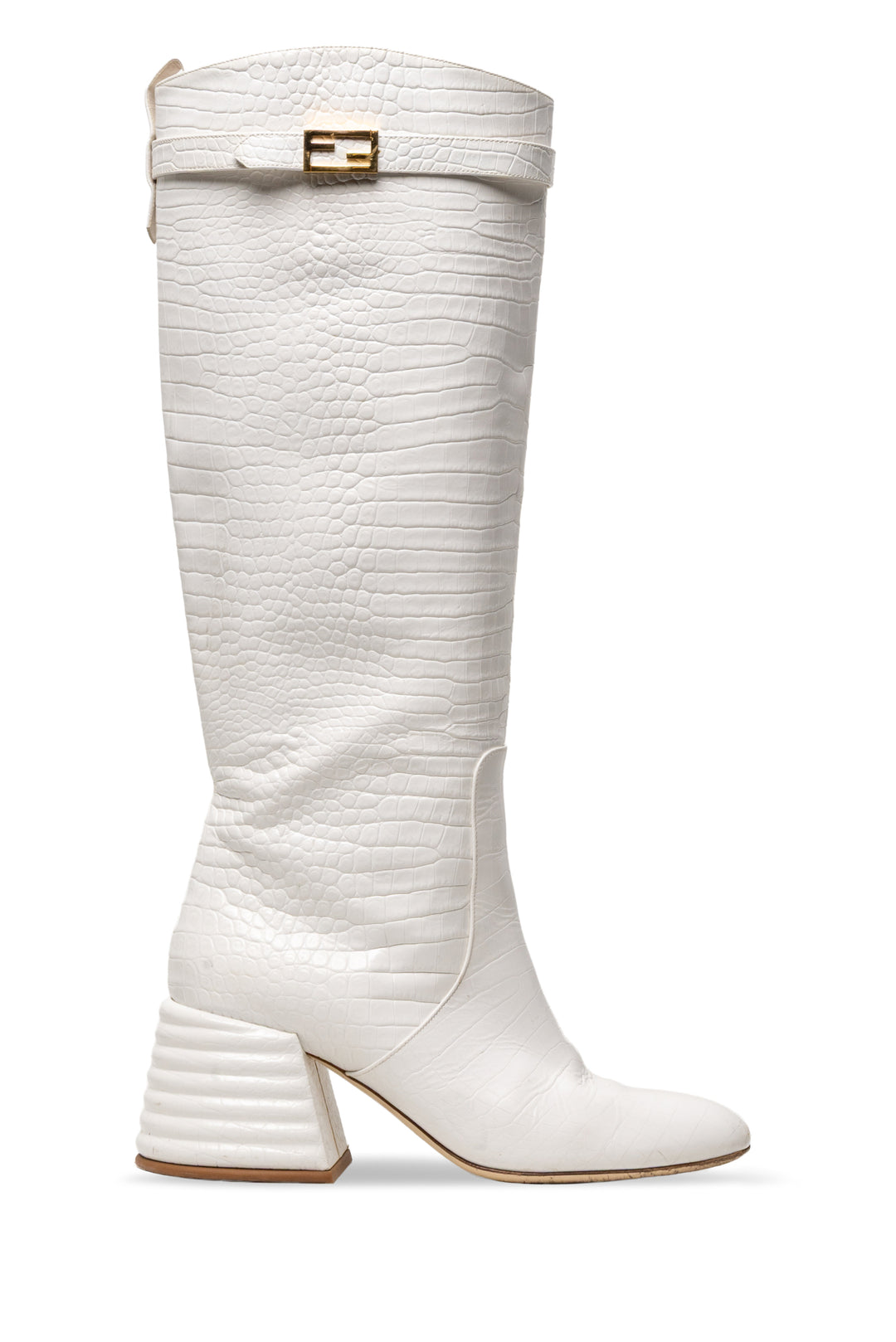 Fendi Size 38.5 Logo Plaque Crocodile Embossed Knee High Boots