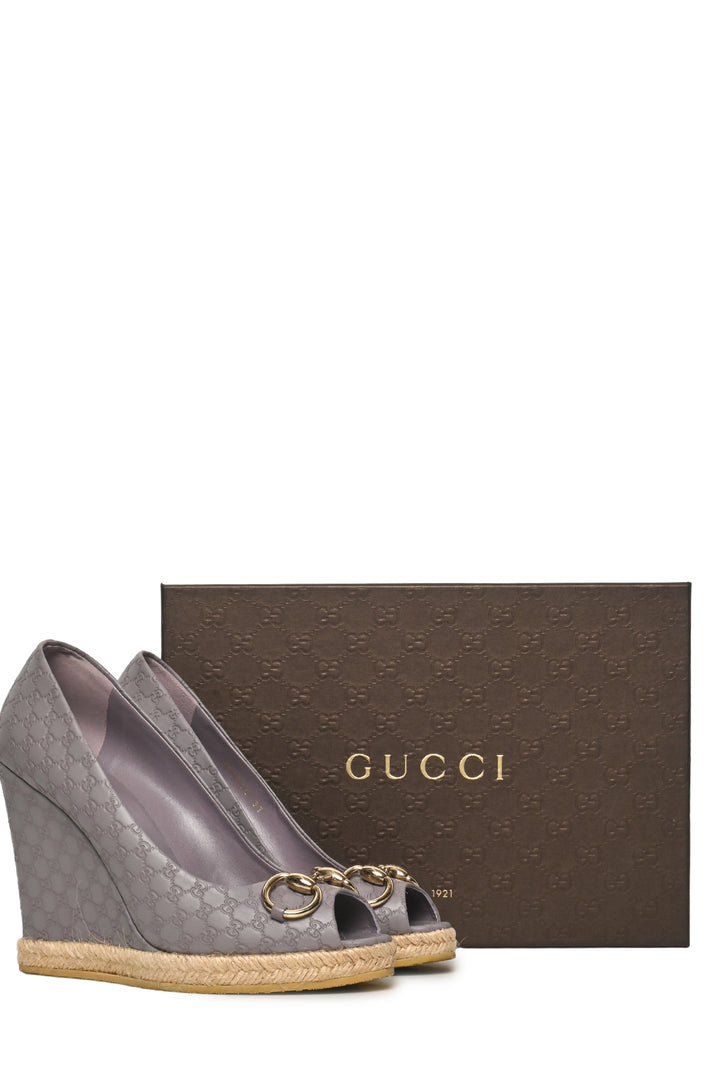 Gucci Size 37 Charlotte Microguccissima Horsebit Peep Toe Wedge