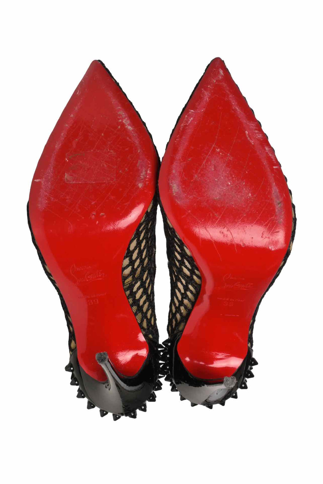 Christian Louboutin Size 39 Spiked Patent Leather & Fishnet Mesh Guni 120 Pumps