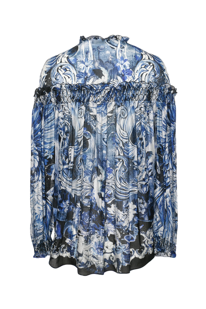 Roberto Cavalli Size 42 Printed Silk Ruffle Tops