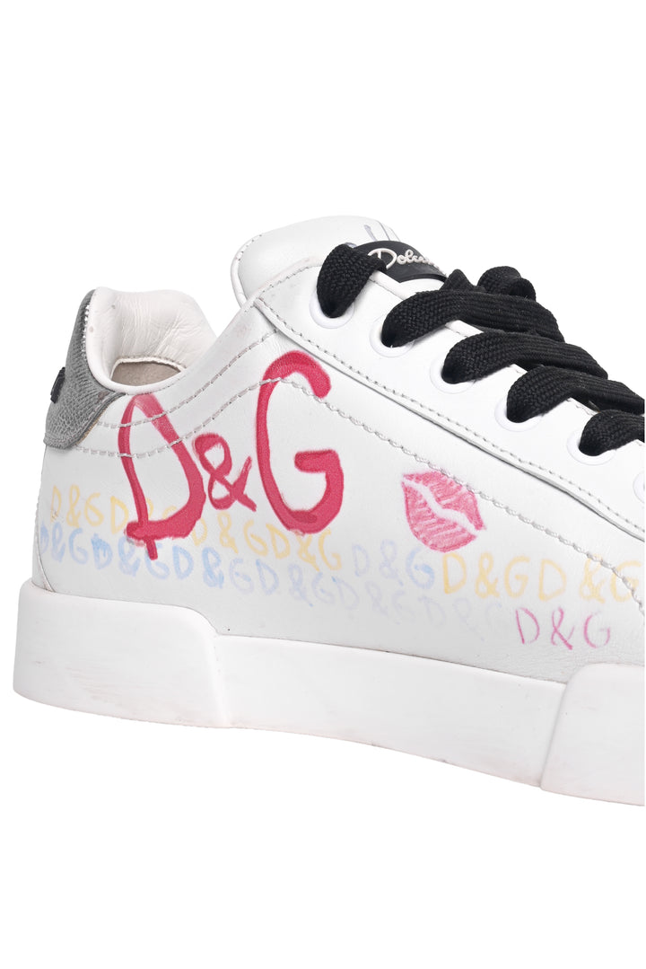 Dolce & Gabbana Size 38 Leather Graffiti Print Low-Top Sneaker