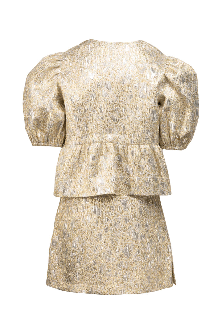 Ganni Size 38 Puff Sleeve Brocade Top & Brocade Mini Skirt Set