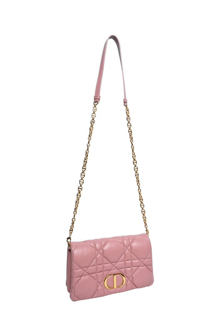 Dior 2022 Caro Rose Macrocannage Padded Quilted Leather Pouch Chain Crossbody
