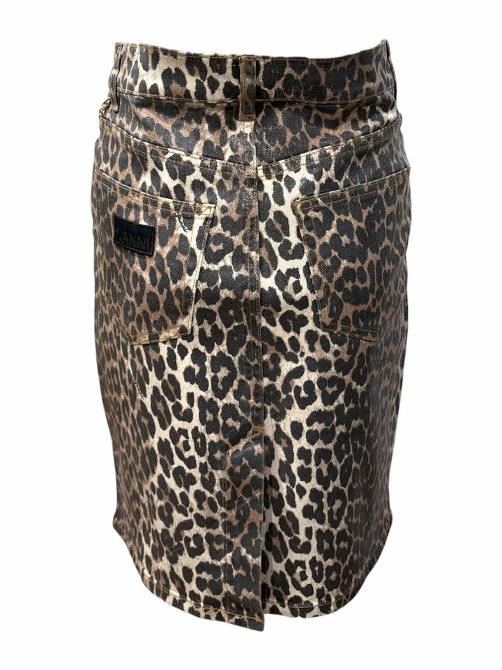 Ganni Size 34 Leopard Print Coated Denim Skirt