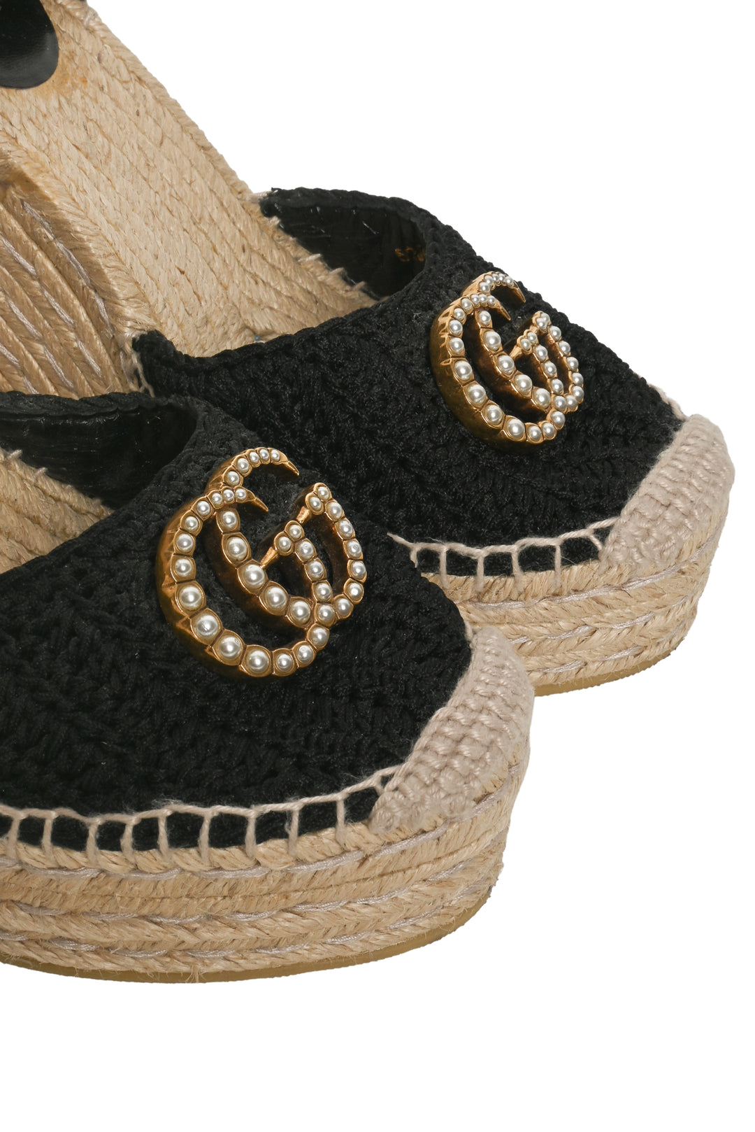 Gucci Size 36 Crochet Pearly GG Logo Ankle Wrap Platform Espadrille Wedges