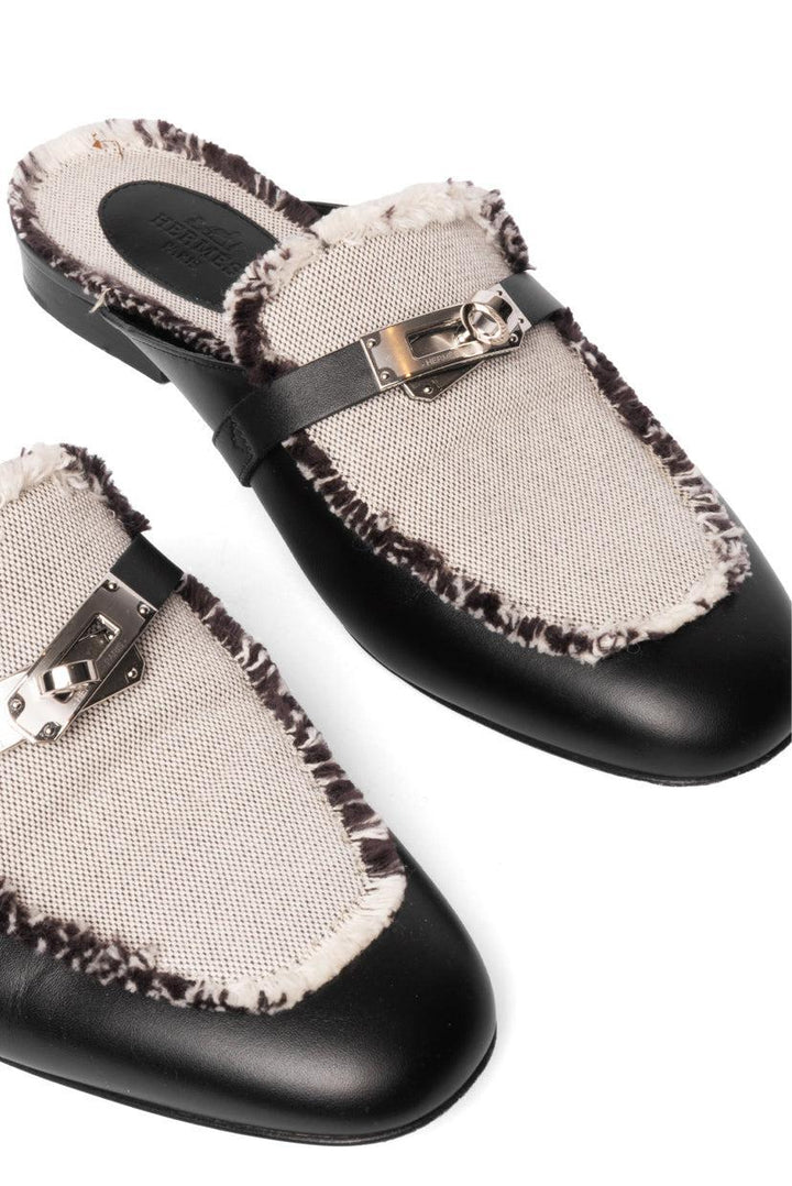 Hermes Size 38 Toile Calfskin Fringe Oz Mules