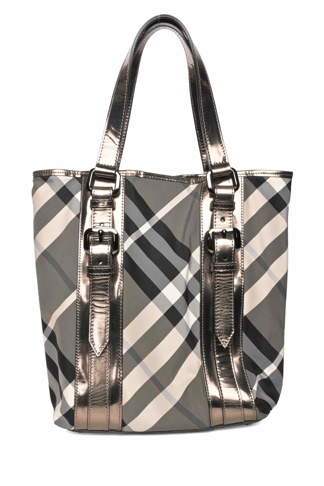 Burberry Beat Check Nylon & Metallic Patent Leather Victoria Tote