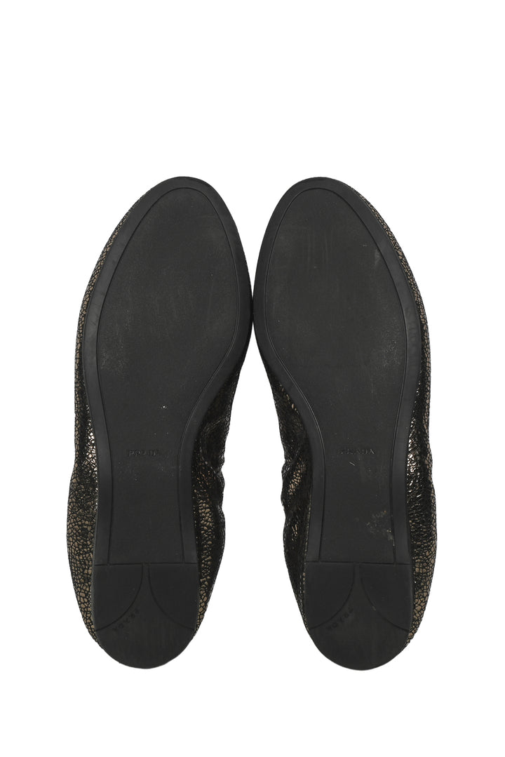 Prada Size 36 Crackle Finish Metallic Leather Flats