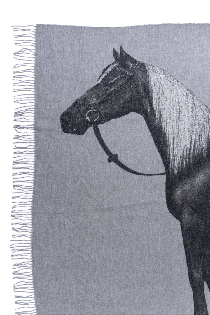 Hermes Cashmere Horse Print Fringe Blanket